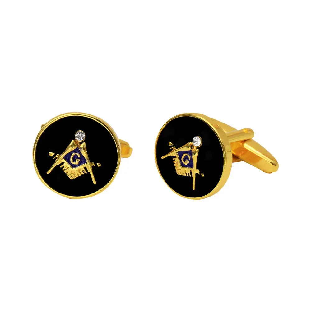 Master Mason Blue Lodge Cufflink - 1 Pair Black Enamel & Gold Square and Compass G