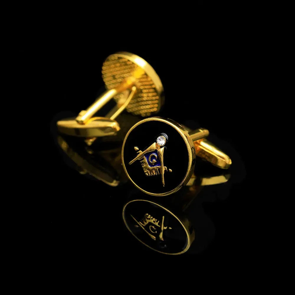 Master Mason Blue Lodge Cufflink - 1 Pair Black Enamel & Gold Square and Compass G