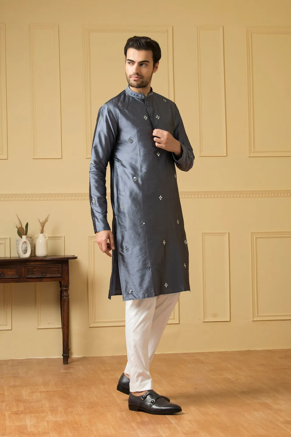 Men's Cobalt Blue Mirror Kurta - Hilo Design