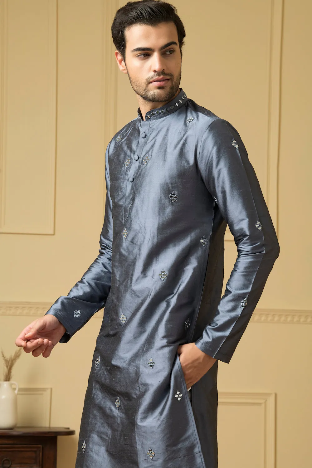 Men's Cobalt Blue Mirror Kurta - Hilo Design