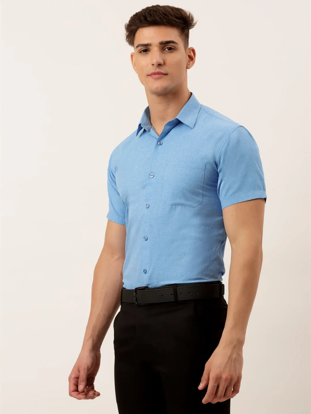 Men's Cotton Solid Half Sleeve Formal Shirts ( SF 811Light-Blue ) - Jainish