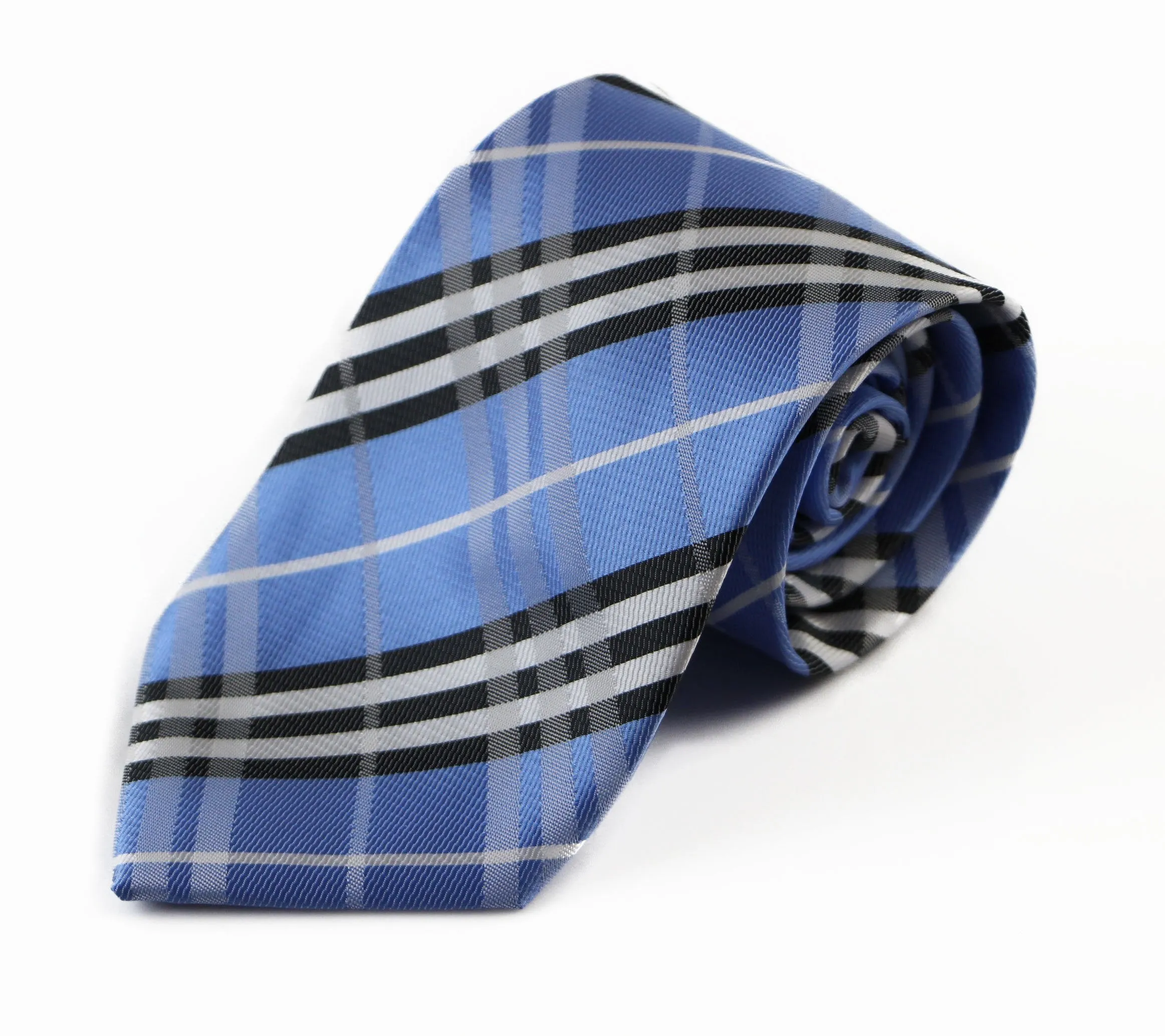 Mens Light Blue, Black & White Plaid Striped Patterned 8cm Neck Tie