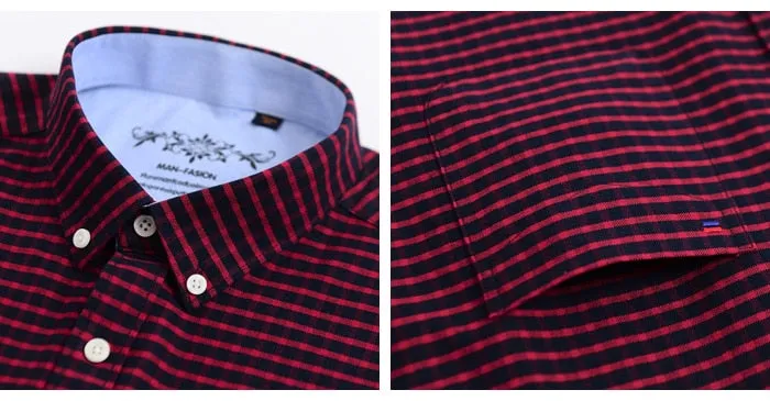 Men's Long Sleeve Contrast Plaid/Striped Oxford Dress Shirt with Left Chest Pocket Male Casual Slim-fit Buttoned Down Shirts