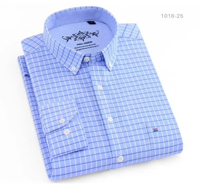 Men's Long Sleeve Contrast Plaid/Striped Oxford Dress Shirt with Left Chest Pocket Male Casual Slim-fit Buttoned Down Shirts