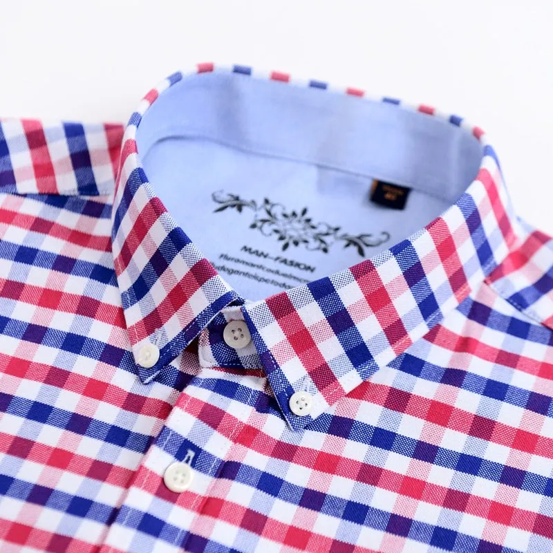 Men's Long Sleeve Contrast Plaid/Striped Oxford Dress Shirt with Left Chest Pocket Male Casual Slim-fit Buttoned Down Shirts