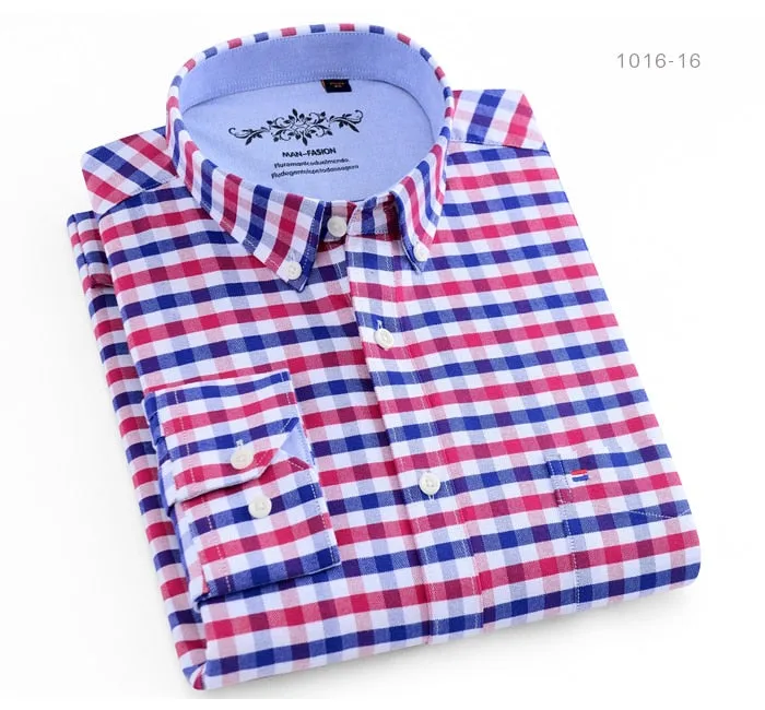 Men's Long Sleeve Contrast Plaid/Striped Oxford Dress Shirt with Left Chest Pocket Male Casual Slim-fit Buttoned Down Shirts