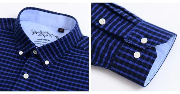 Men's Long Sleeve Contrast Plaid/Striped Oxford Dress Shirt with Left Chest Pocket Male Casual Slim-fit Buttoned Down Shirts