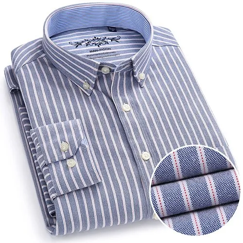 Men's Long Sleeve Contrast Plaid/Striped Oxford Dress Shirt with Left Chest Pocket Male Casual Slim-fit Buttoned Down Shirts