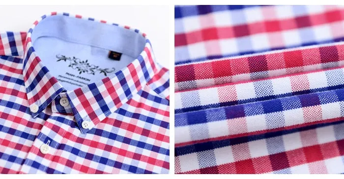 Men's Long Sleeve Contrast Plaid/Striped Oxford Dress Shirt with Left Chest Pocket Male Casual Slim-fit Buttoned Down Shirts