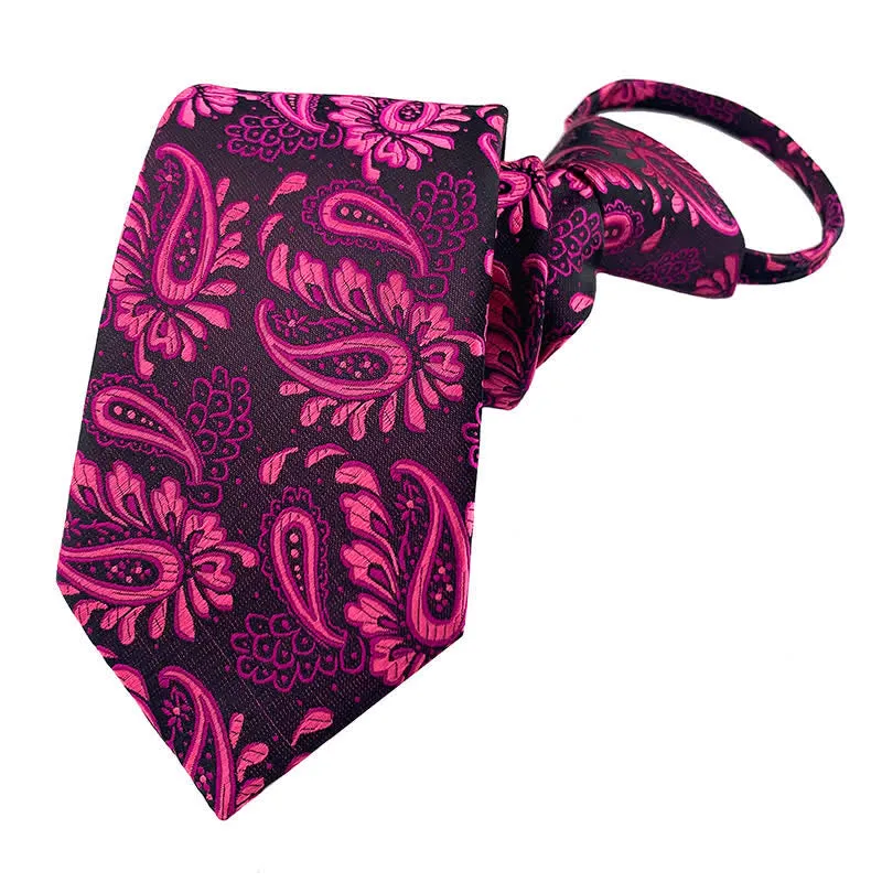 Men's Purple Red Floral Zipper Tie Paisley Necktie