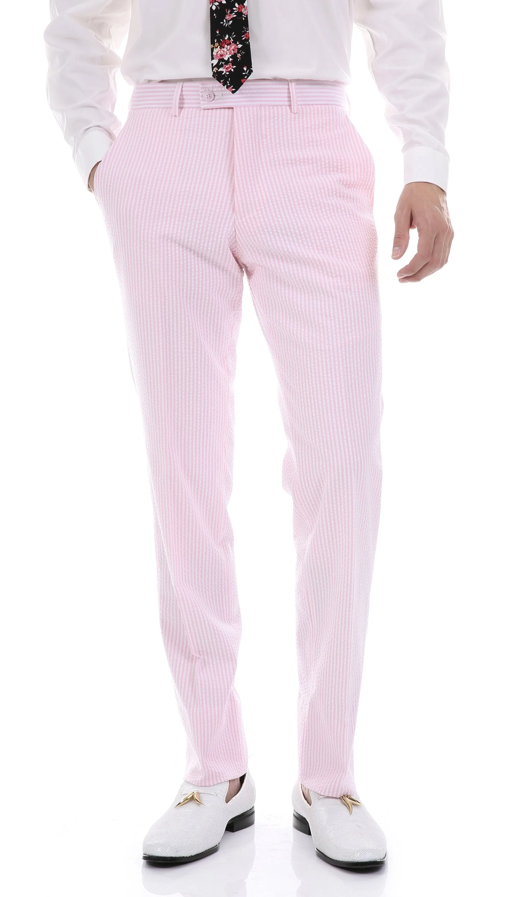 Men's  Slim Fit Two Button Pink Seersucker Suit