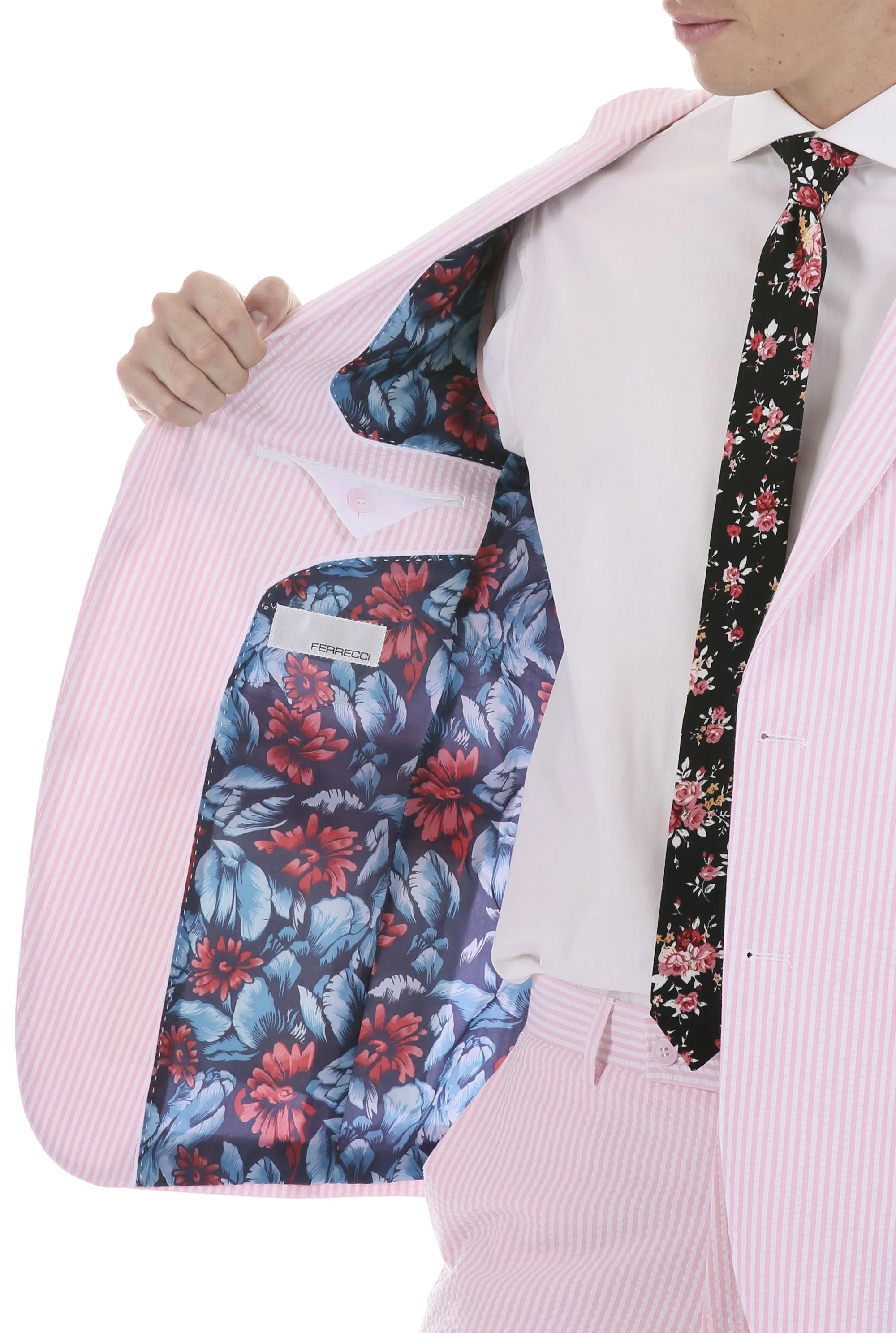 Men's  Slim Fit Two Button Pink Seersucker Suit