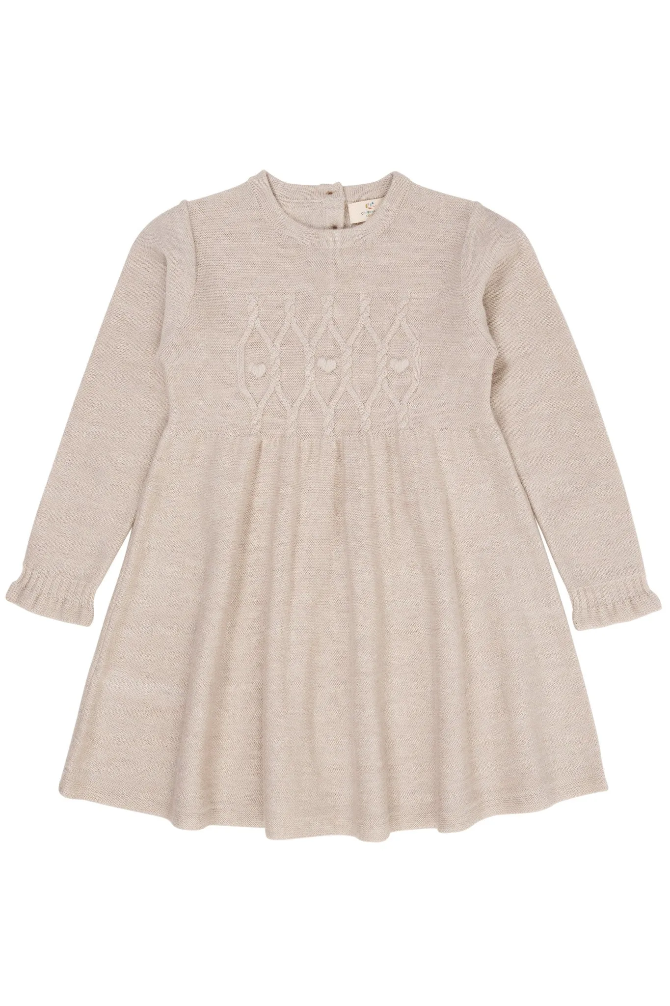 MERINO LS CABLE DRESS W. HEARTS - PALE CREAM MELANGE