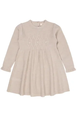 MERINO LS CABLE DRESS W. HEARTS - PALE CREAM MELANGE