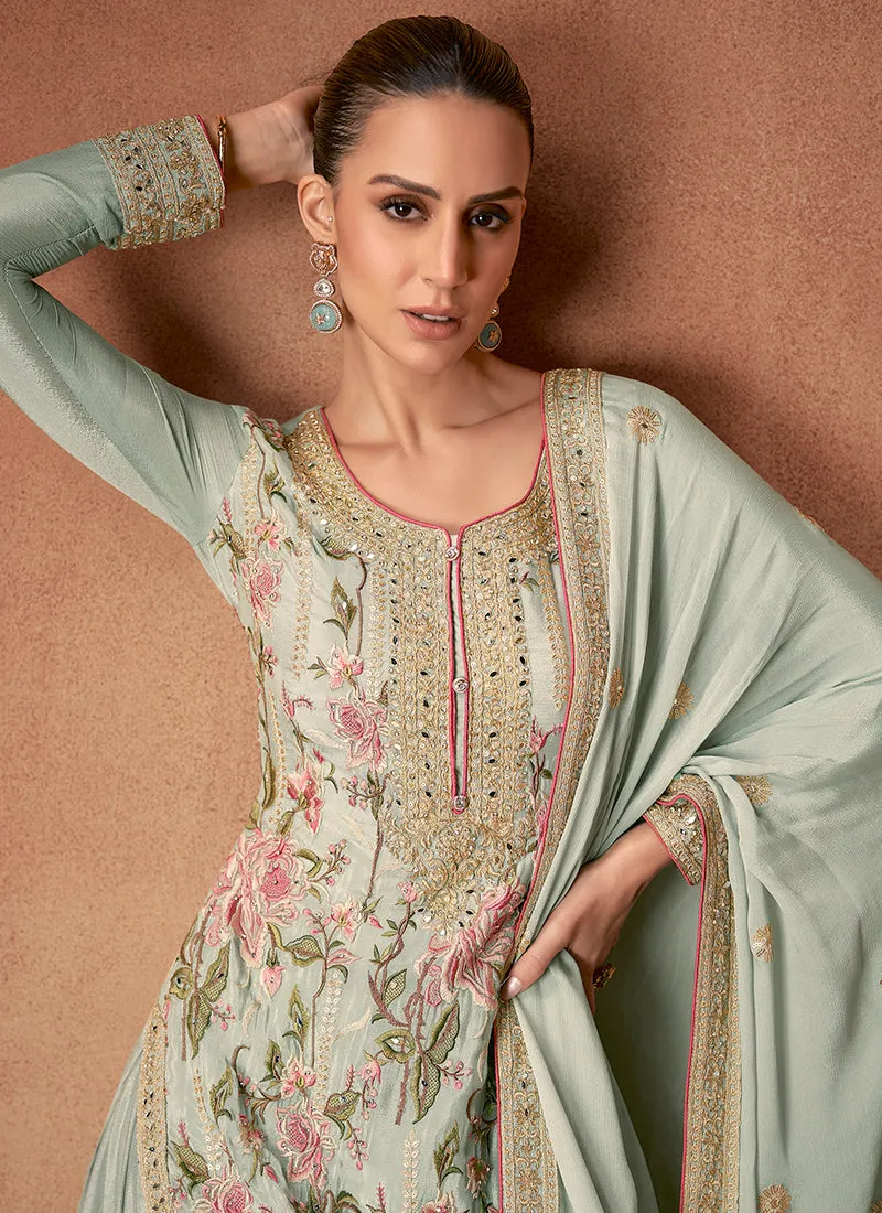 Mint Green Floral Embroidery Festive Palazzo Suit