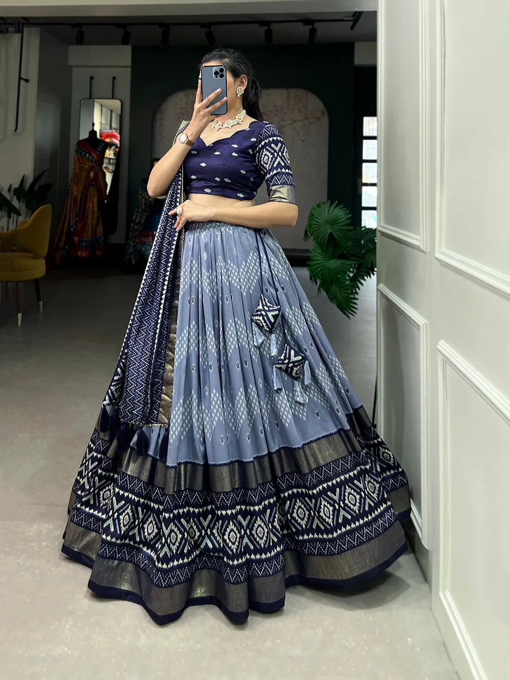 Navy Blue Color Dot And Ikkat Print With Foil Work Tussar Silk Lehenga Choli