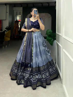 Navy Blue Color Dot And Ikkat Print With Foil Work Tussar Silk Lehenga Choli