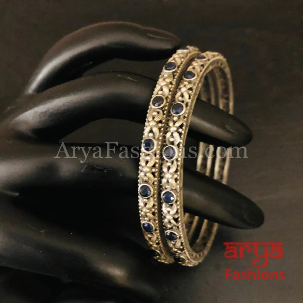 Navy Blue Silver Oxidized Bangles, Pair of 2 Bangles