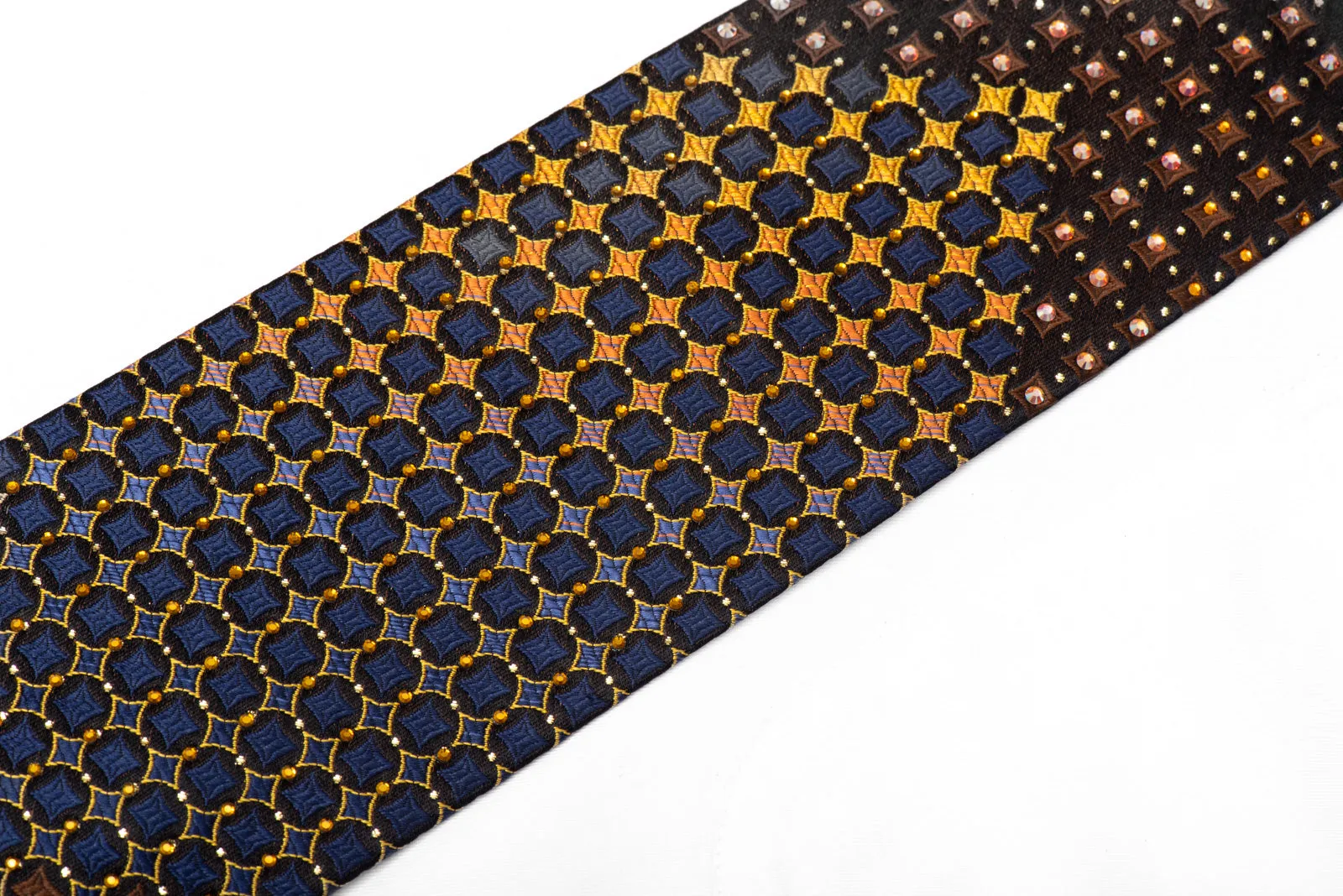 Orange Blue Geometric On Black Rhinestone Silk Necktie With Gold Sparkles