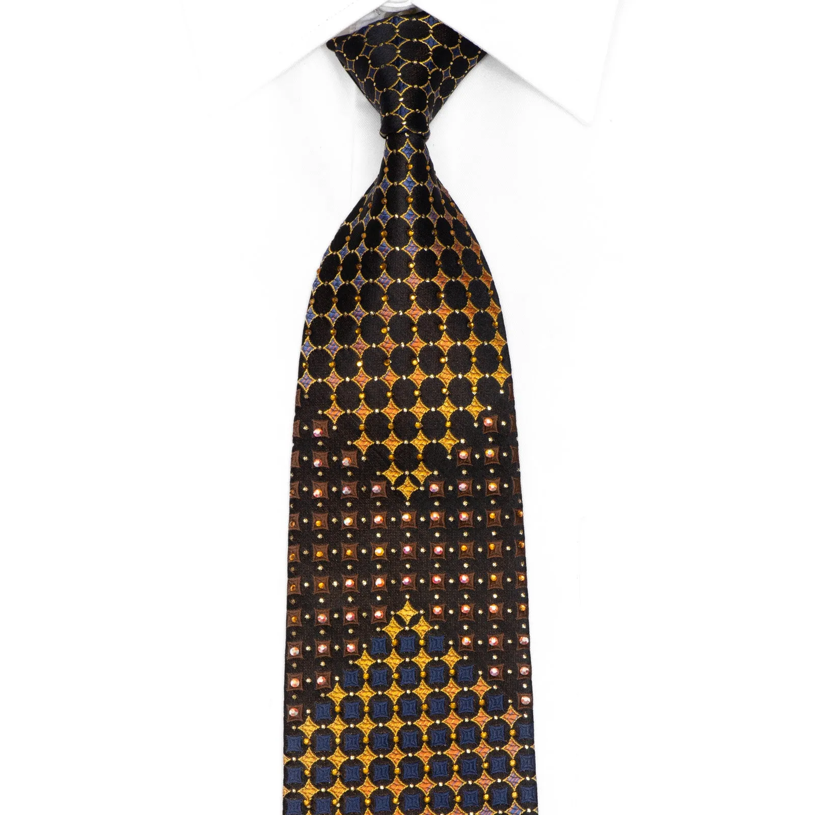 Orange Blue Geometric On Black Rhinestone Silk Necktie With Gold Sparkles