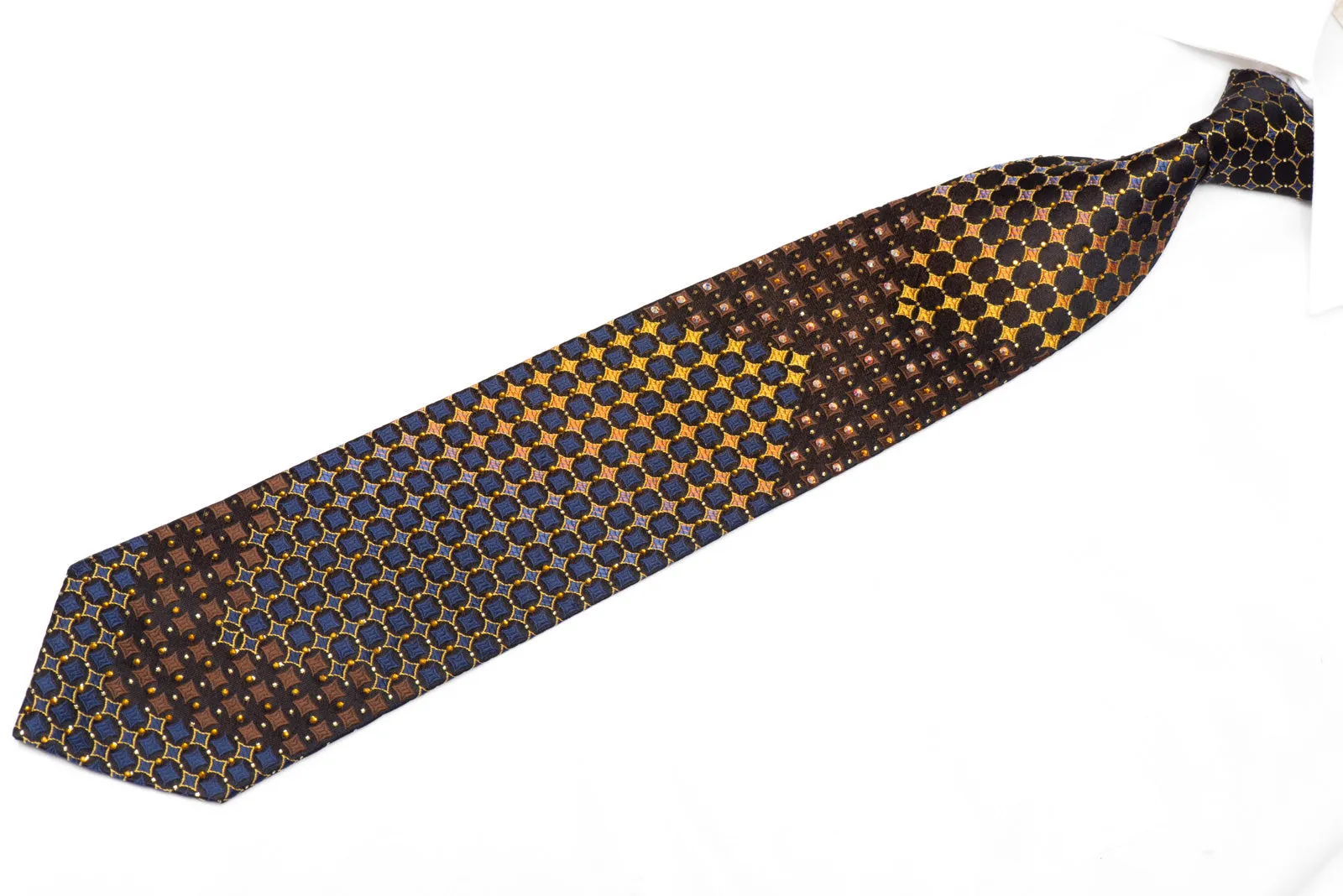 Orange Blue Geometric On Black Rhinestone Silk Necktie With Gold Sparkles