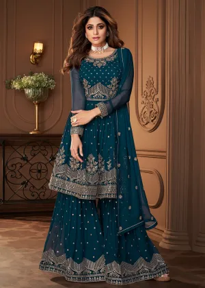 Peplum Designed Blue Embroidered Sharara Suit