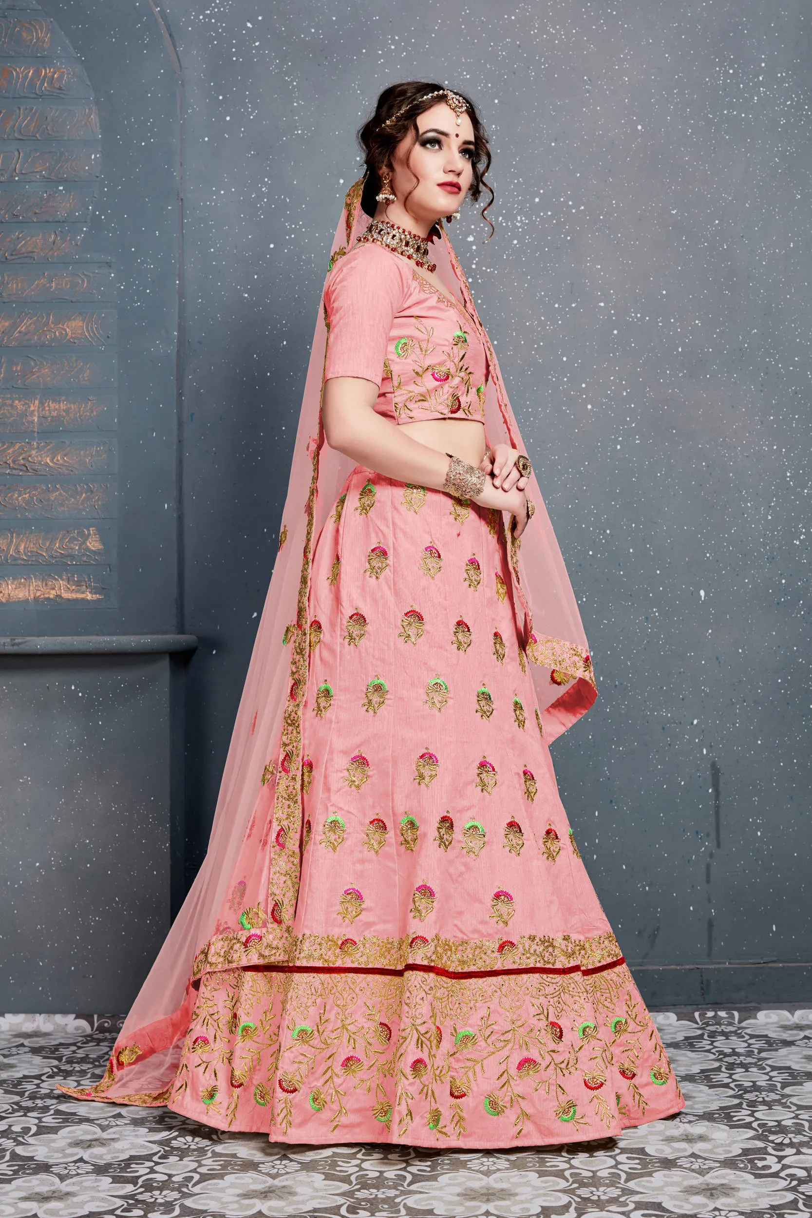 Prominent Baby Pink Embroidered Slub Silk Lehenga Choli