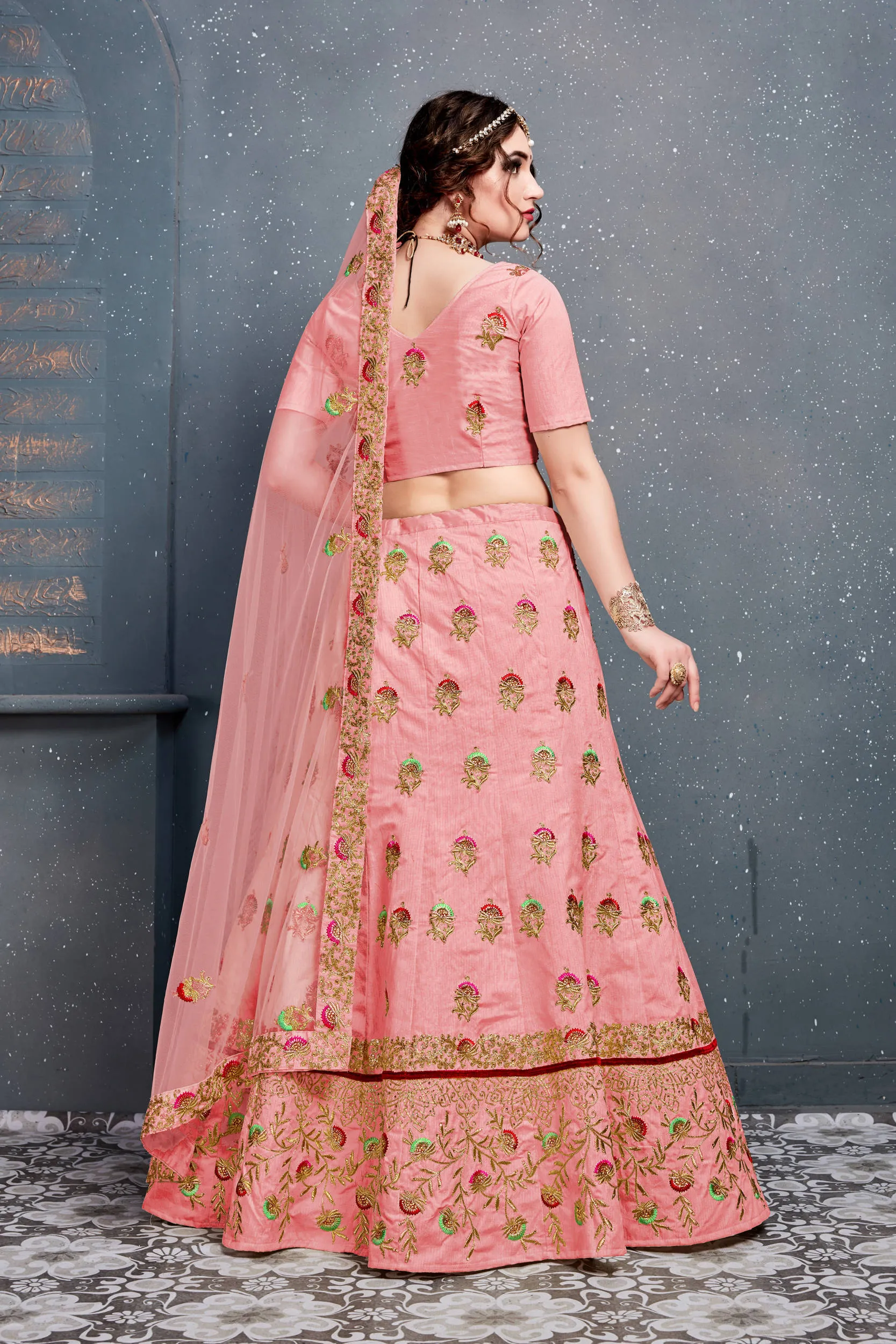 Prominent Baby Pink Embroidered Slub Silk Lehenga Choli