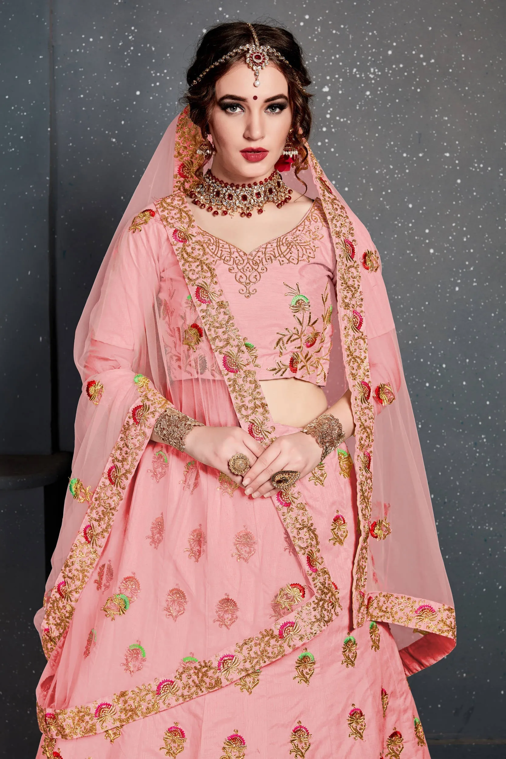 Prominent Baby Pink Embroidered Slub Silk Lehenga Choli