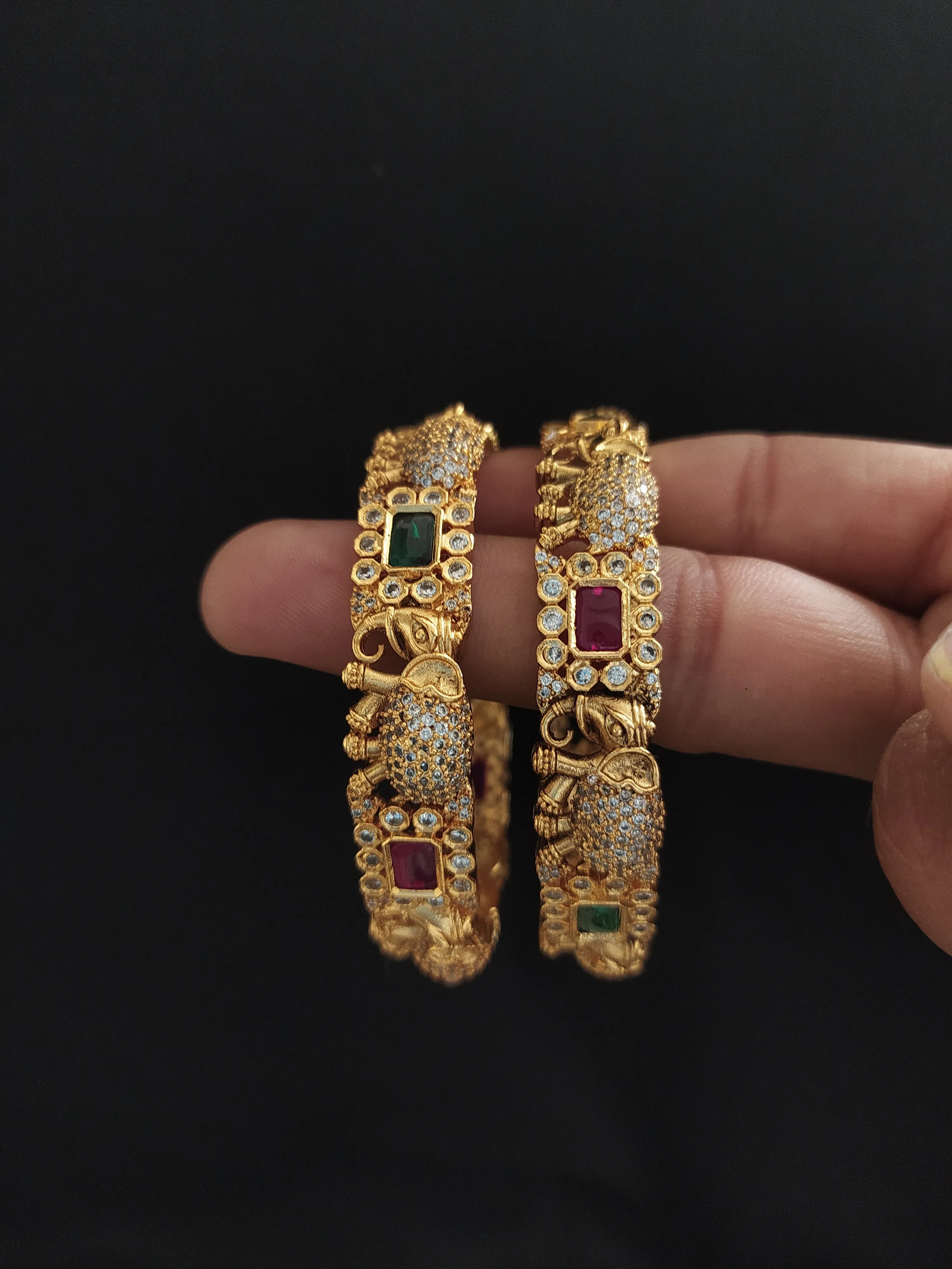 "Antique Elephant & Floral Design Bangles with Zircon, Kemp, and Green Stones - Sizes 2.4, 2.6, 2.8"