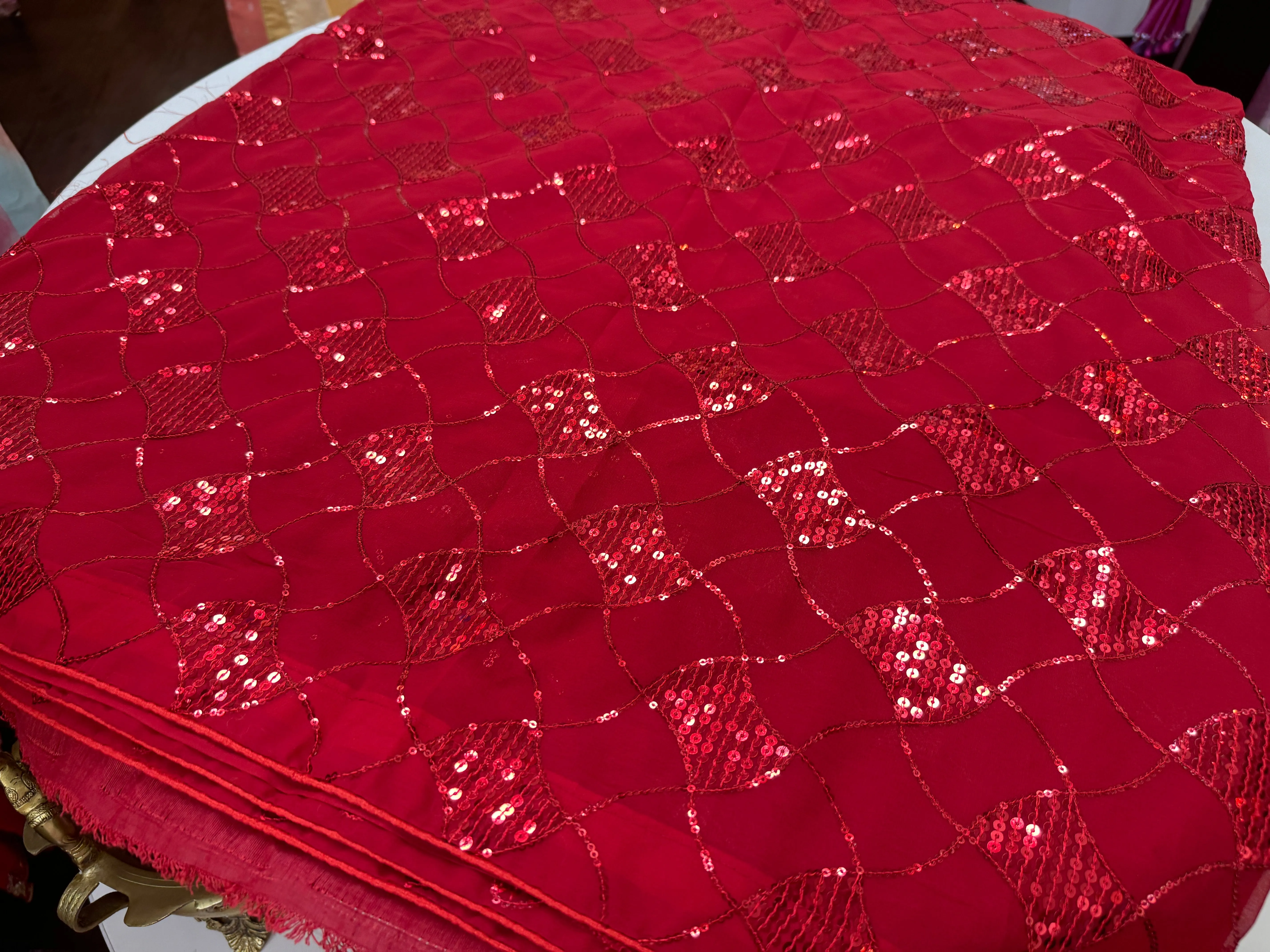 Radiant Red Chiffon Saree with Geometric Sequin Embellishments