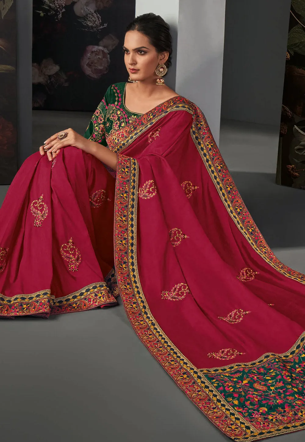 Red And Blue Traditional Embroidered Silk Saree