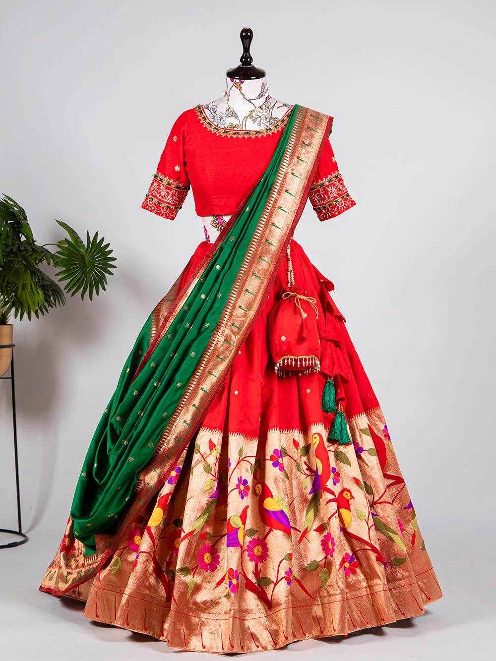 Red Color Weaving Zari Work Jacquard Pethani Lehenga Set