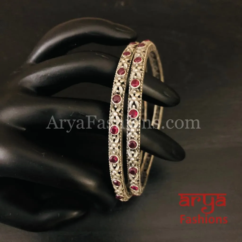 Red Ruby Silver Oxidized Bangles, Pair of 2 Bangles