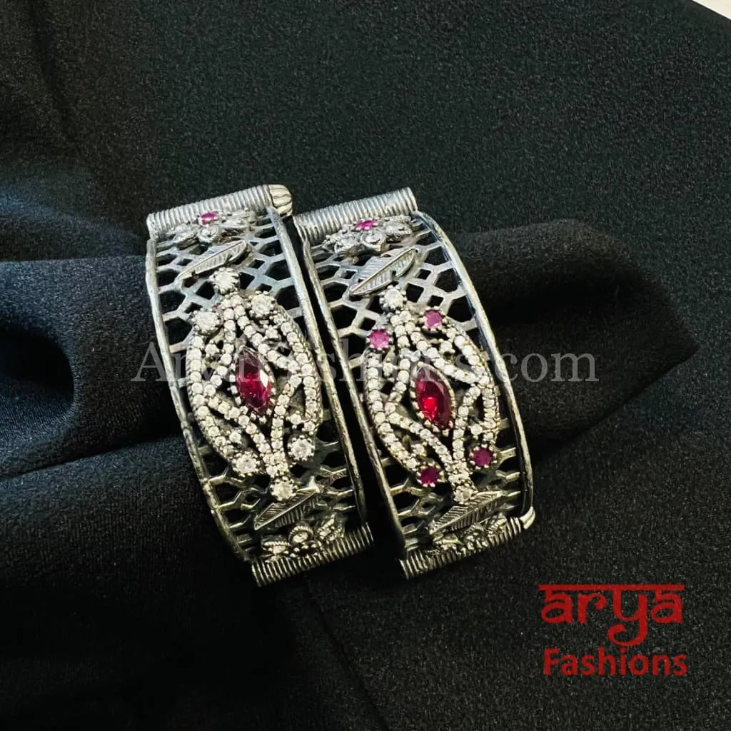 Red Silver Oxidized Silver Bangles with CZ Stones/ Size 2.4, 2.6