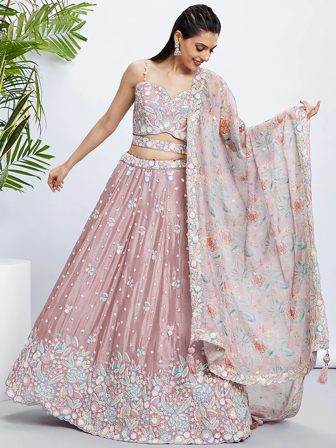 Rose Gold Shimmer Semi-Stitched Lehenga Choli Set with Sequin & Thread Embroidery