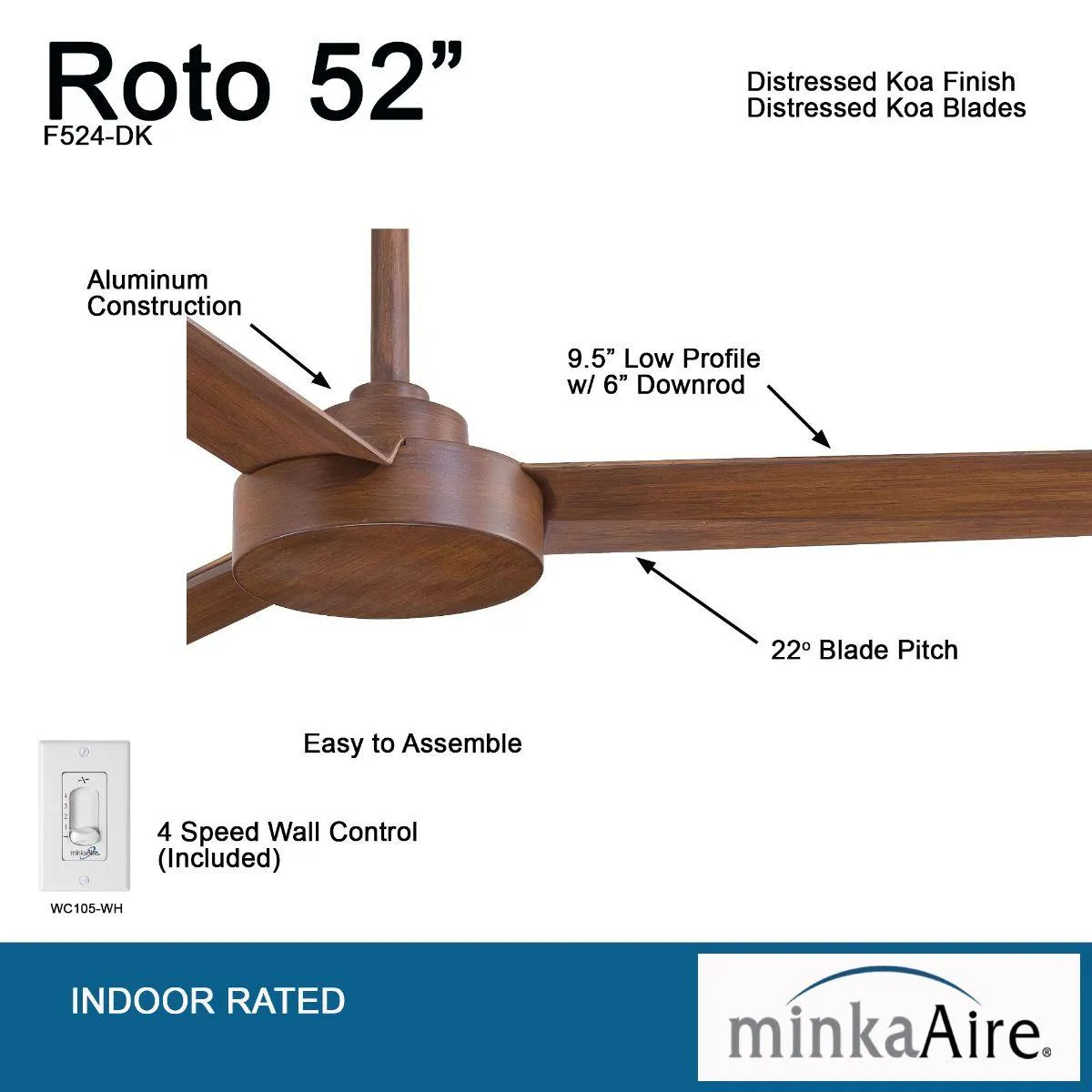 Roto 52" Koa Ceiling Fan with Wall Control