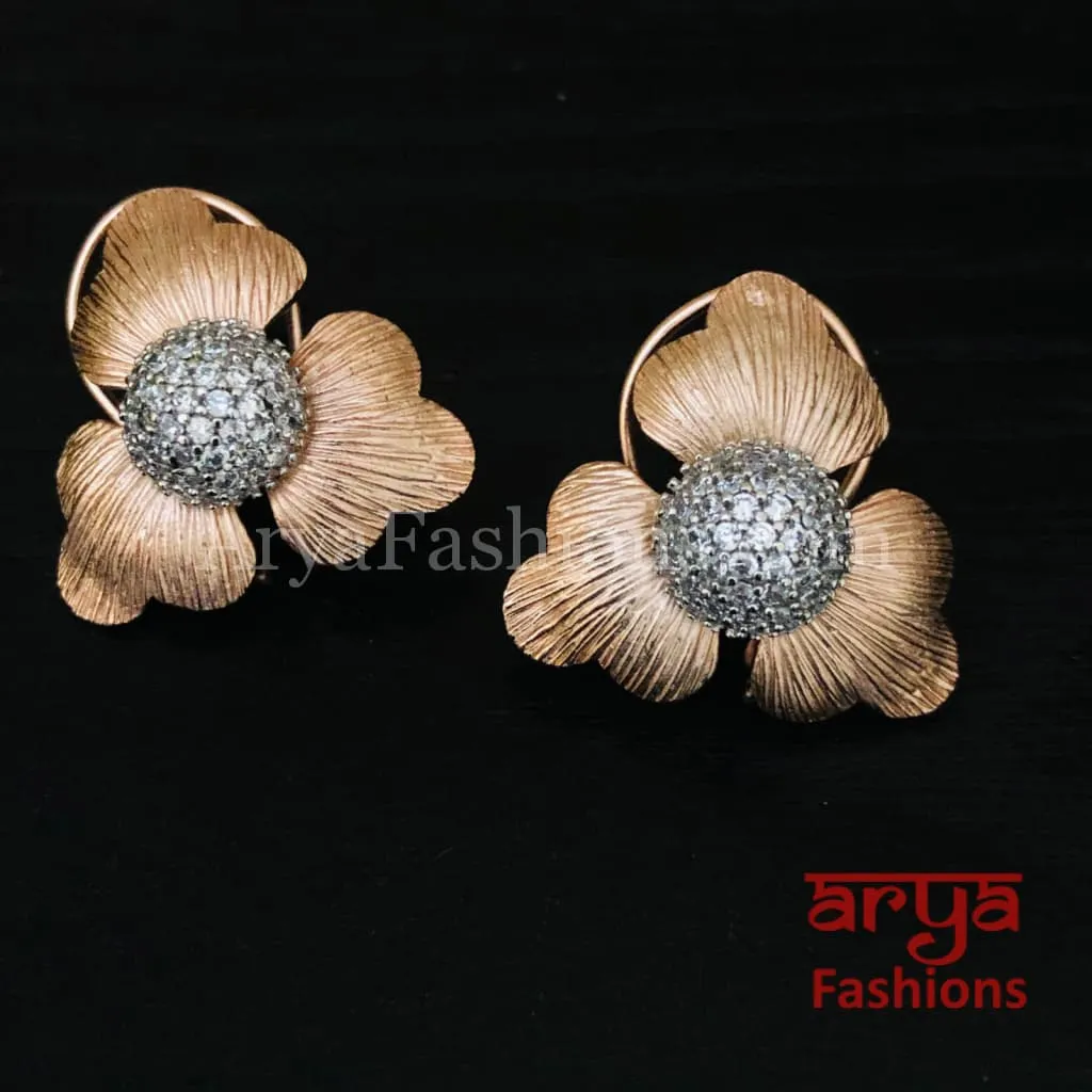 Silver Gray CZ Fusion Studs/ Rose Gold Flower Studs Earrings