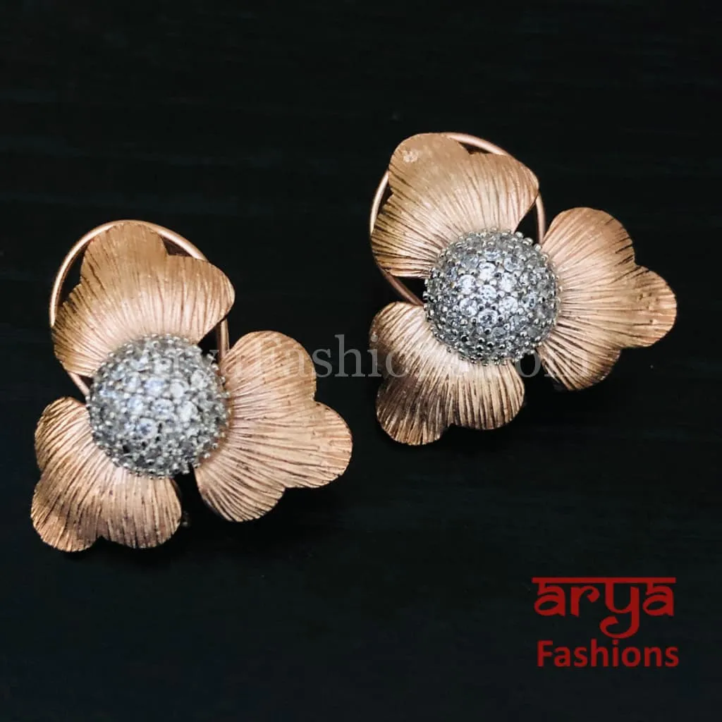 Silver Gray CZ Fusion Studs/ Rose Gold Flower Studs Earrings