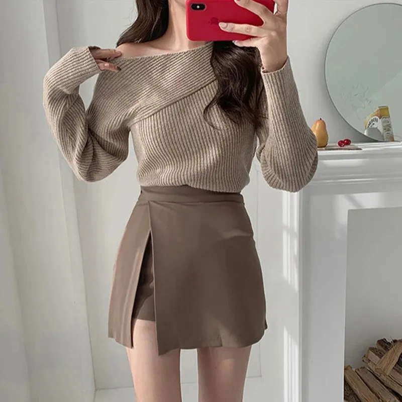 Slit Mini Skirts Women Korean High Waist Solid Irregular Skirts Office Lady Fashion Stretchy Chic Simple A Line Skirts New