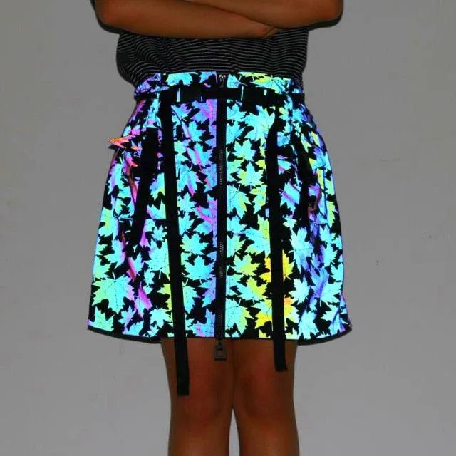 Strapped Reflective Leaf A-line Waist Tight Skirt