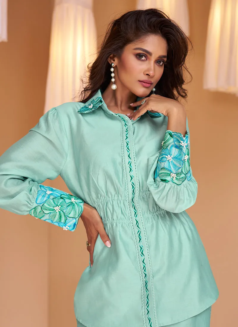 Teal Blue Floral Print And Handwork Embellished Co-Ord Set