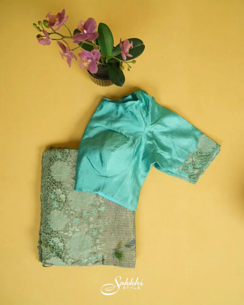 TEAL TISSUE EMBROIDERED SAREE WITH BLOUSE