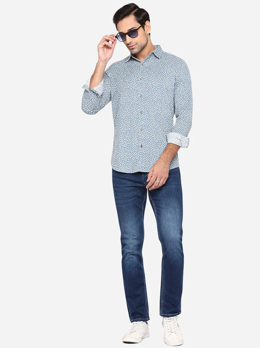 Trellis Blue Printed Slim Fit Semi Casual Shirt | JadeBlue