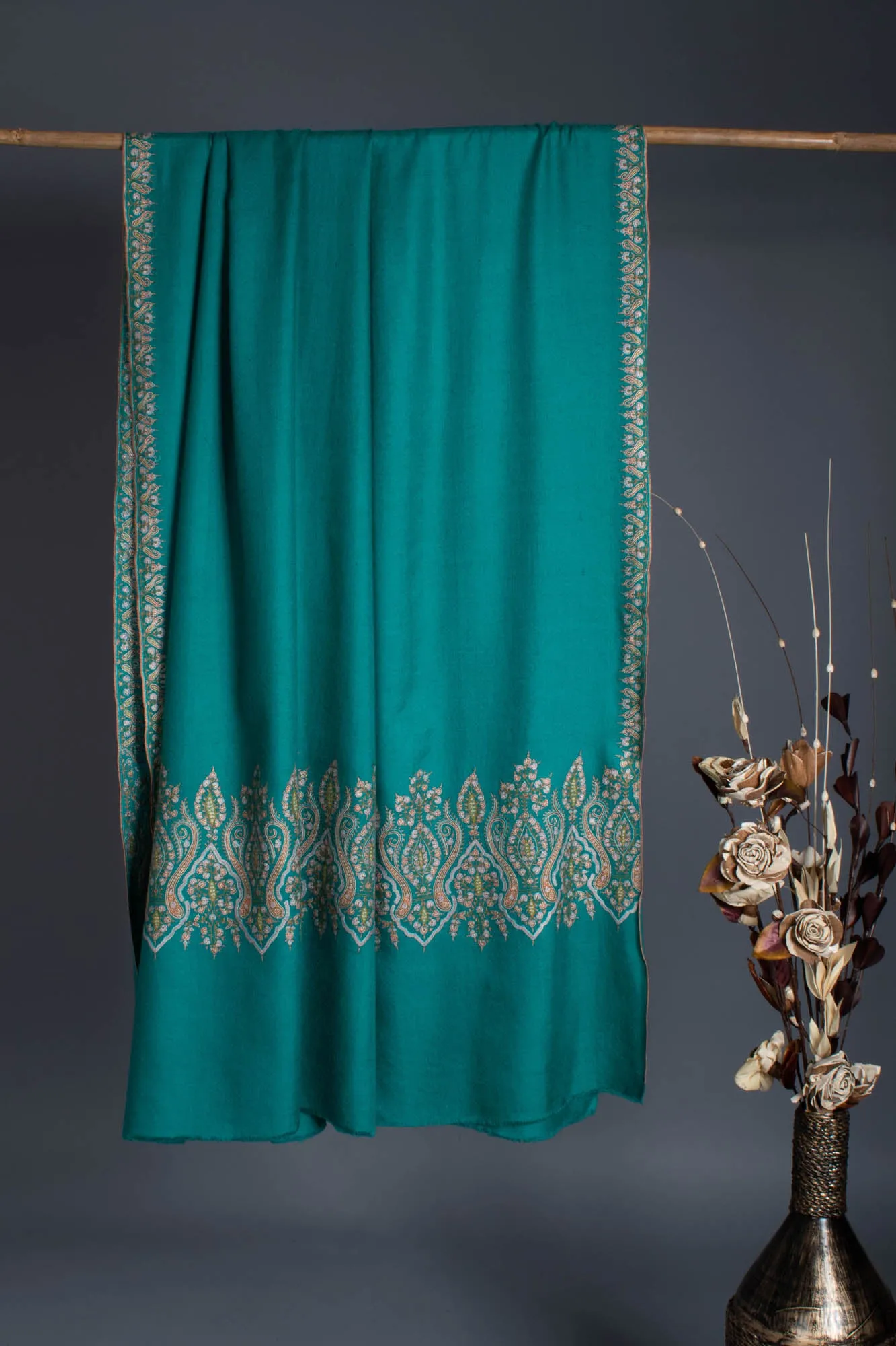 Turquoise Hand Embroidered Pashmina - MERIDA