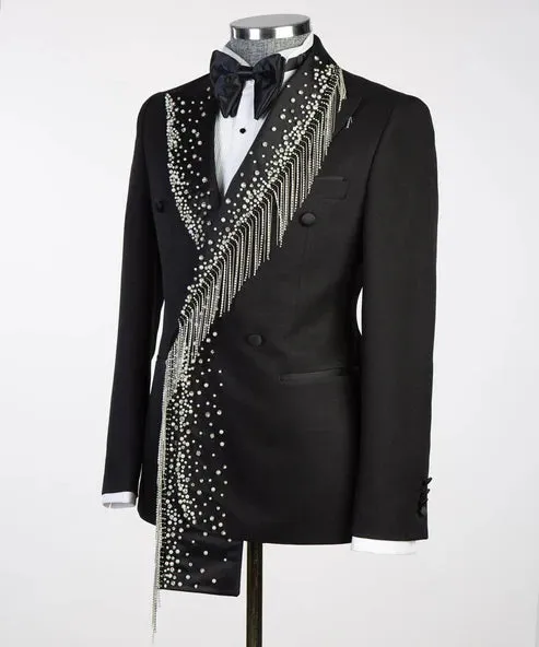 Tuxedo Black with Silver Stoned Shawl Style