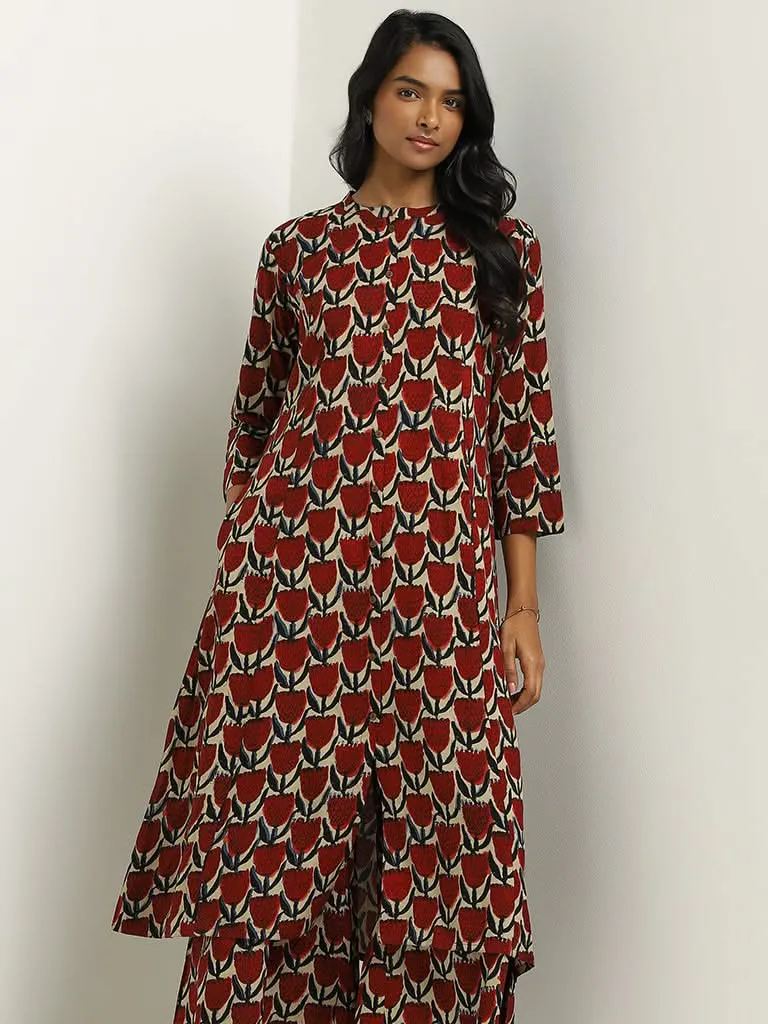 Utsa Red Floral Printed Buttondown Kurta