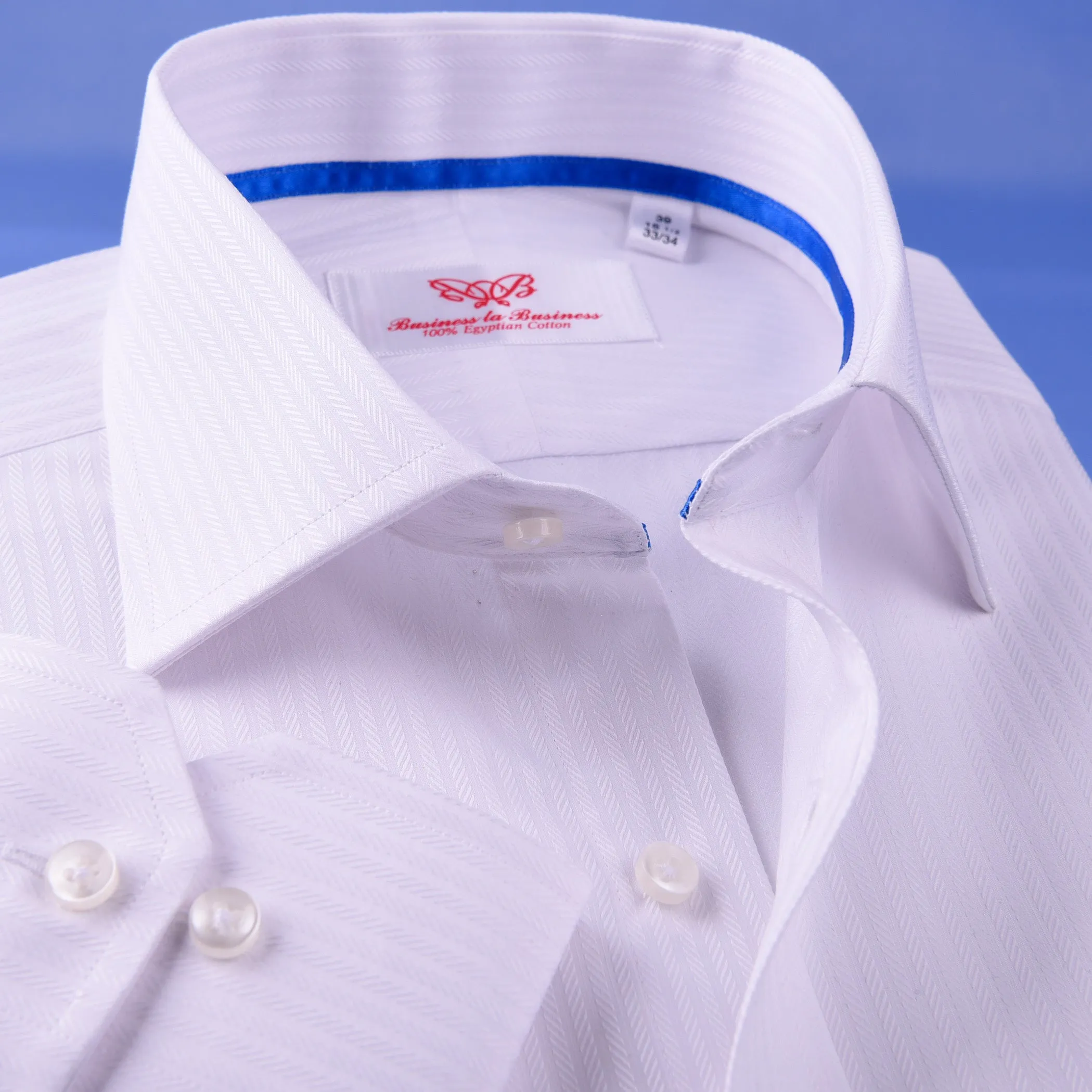 White Cotton Mini Herringbone With Blue Inner Lining For Professional Dress EgoFormal Dress Shirt This Shirt Is Designed for Professional Daily Work With Easy Care Of The Dress Shirt