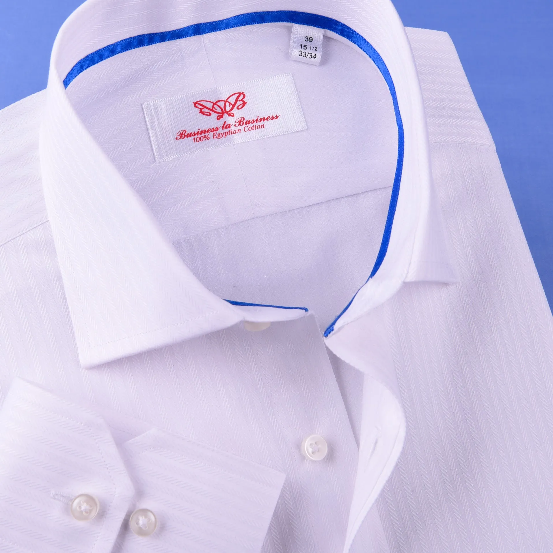 White Cotton Mini Herringbone With Blue Inner Lining For Professional Dress EgoFormal Dress Shirt This Shirt Is Designed for Professional Daily Work With Easy Care Of The Dress Shirt