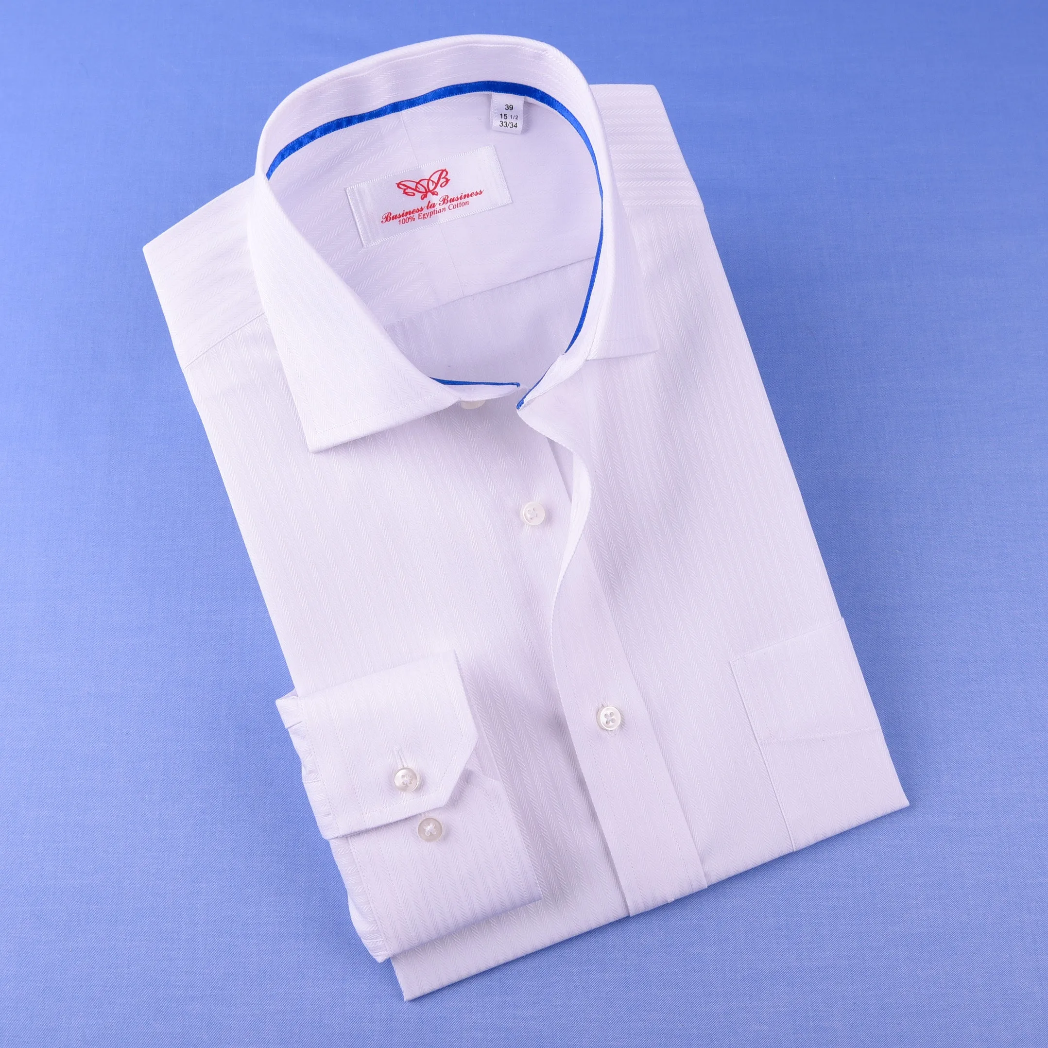 White Cotton Mini Herringbone With Blue Inner Lining For Professional Dress EgoFormal Dress Shirt This Shirt Is Designed for Professional Daily Work With Easy Care Of The Dress Shirt